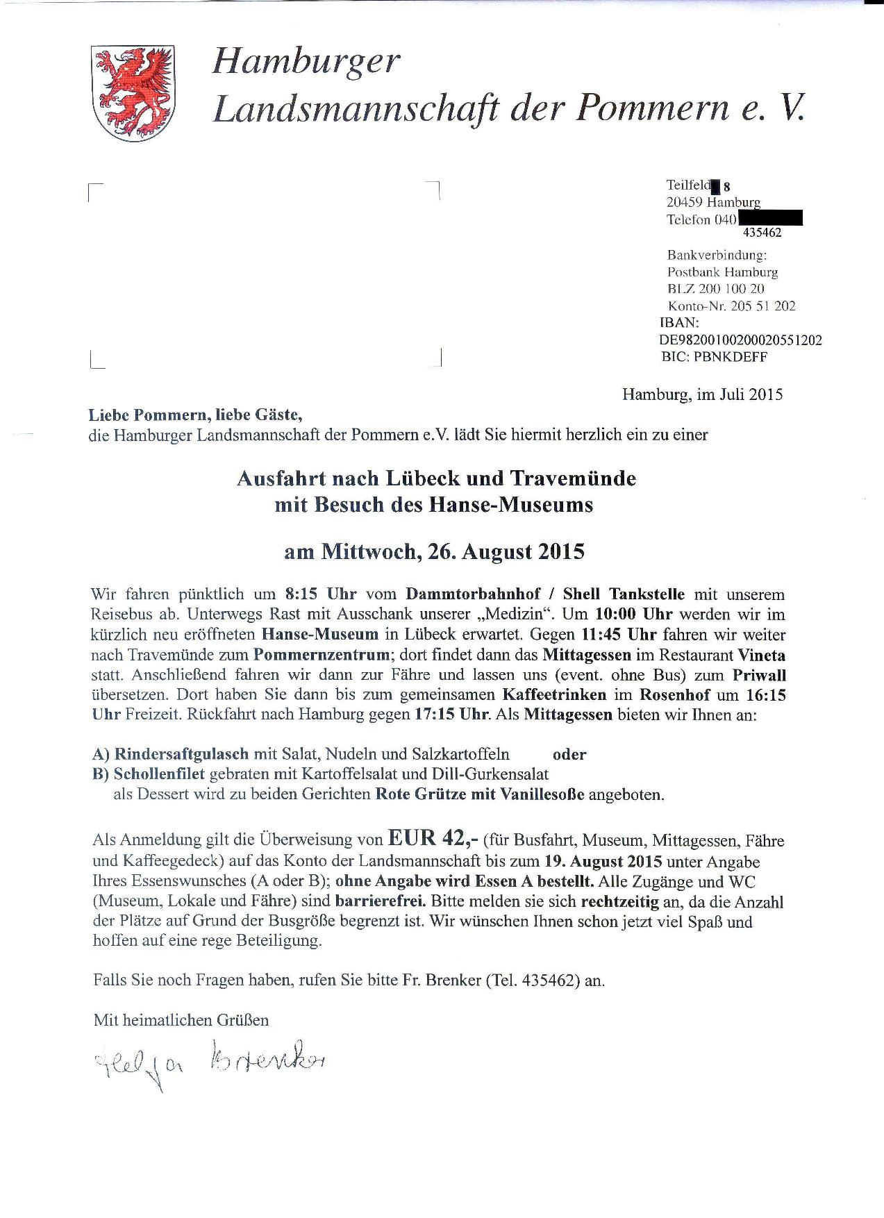Einladung zur Ausfahrt der PLM am 26.8.2015 zum Hansemuseum in Lübeck
